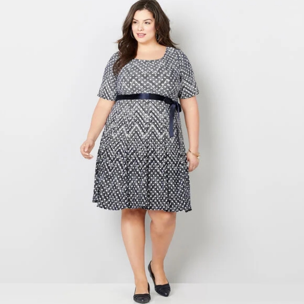 CHEVRON DOT FIT AND FLARE DRESS